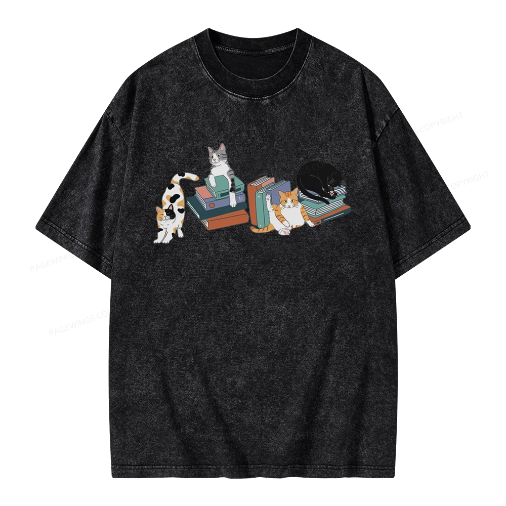 Pagewings Cats and Books Unisex Washed T-shirt