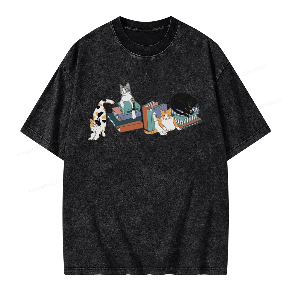 Pagewings Cats and Books Unisex Washed T-shirt