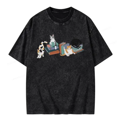 Pagewings Cats and Books Unisex Washed T-shirt
