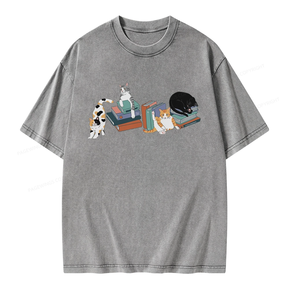 Pagewings Cats and Books Unisex Washed T-shirt