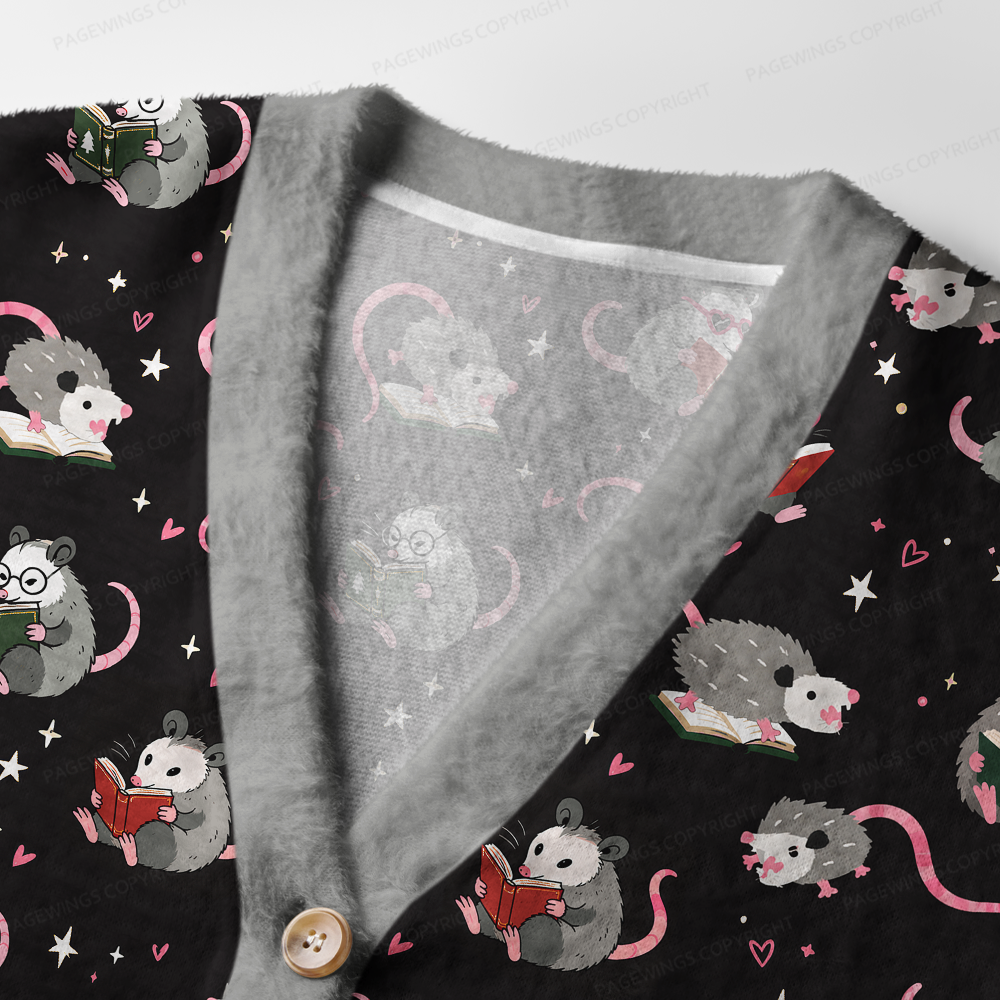 Pagewings Reading Opossum Light Knit Unisex Cardigan Sweaters