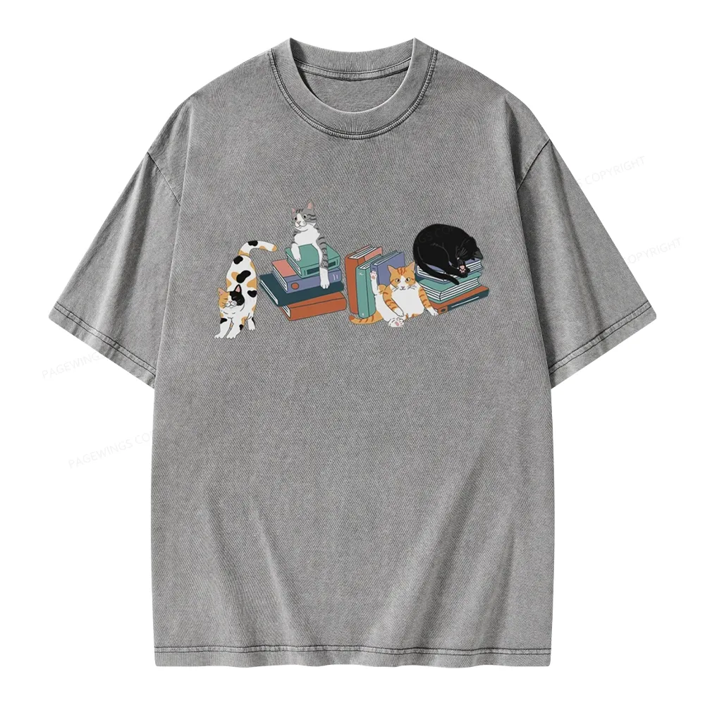 Pagewings Cats and Books Unisex Washed T-shirt