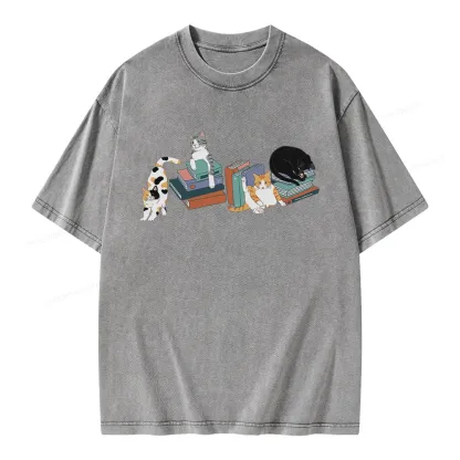 Pagewings Cats and Books Unisex Washed T-shirt