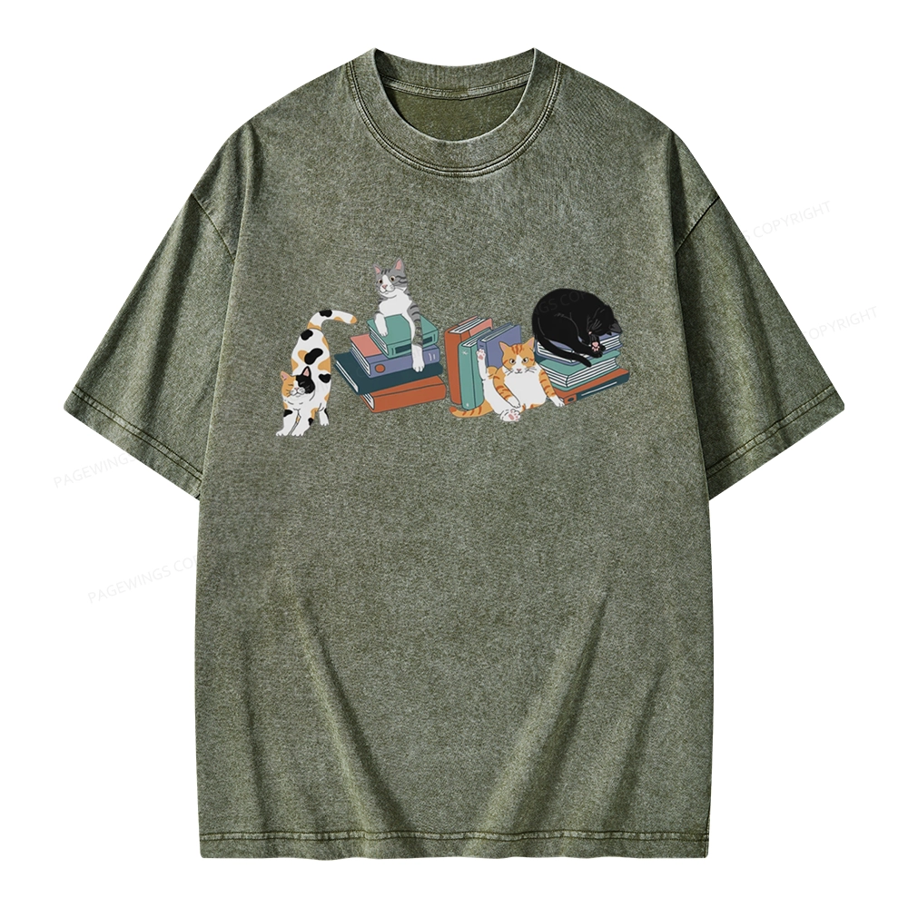 Pagewings Cats and Books Unisex Washed T-shirt
