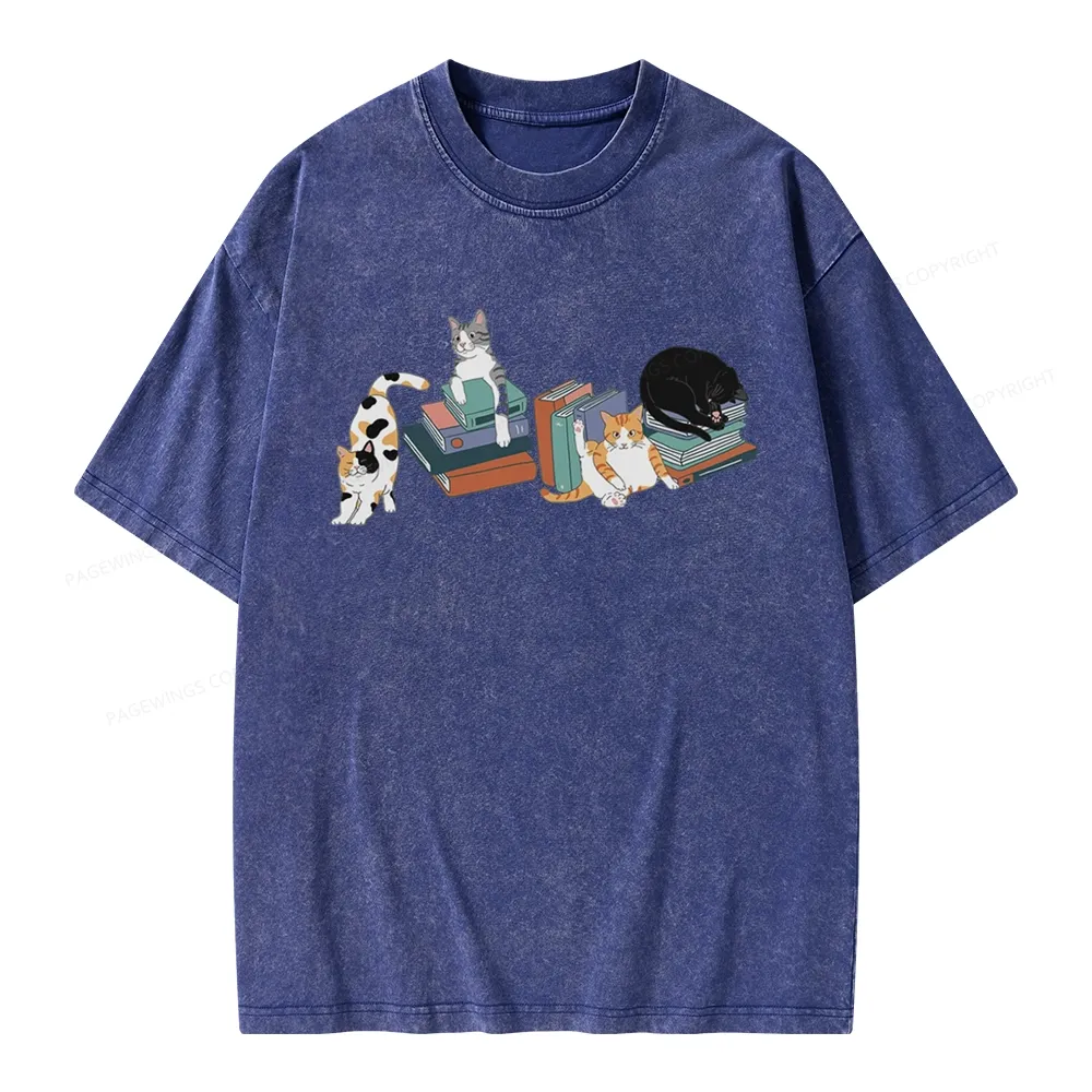Pagewings Cats and Books Unisex Washed T-shirt