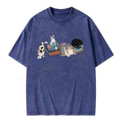 Pagewings Cats and Books Unisex Washed T-shirt