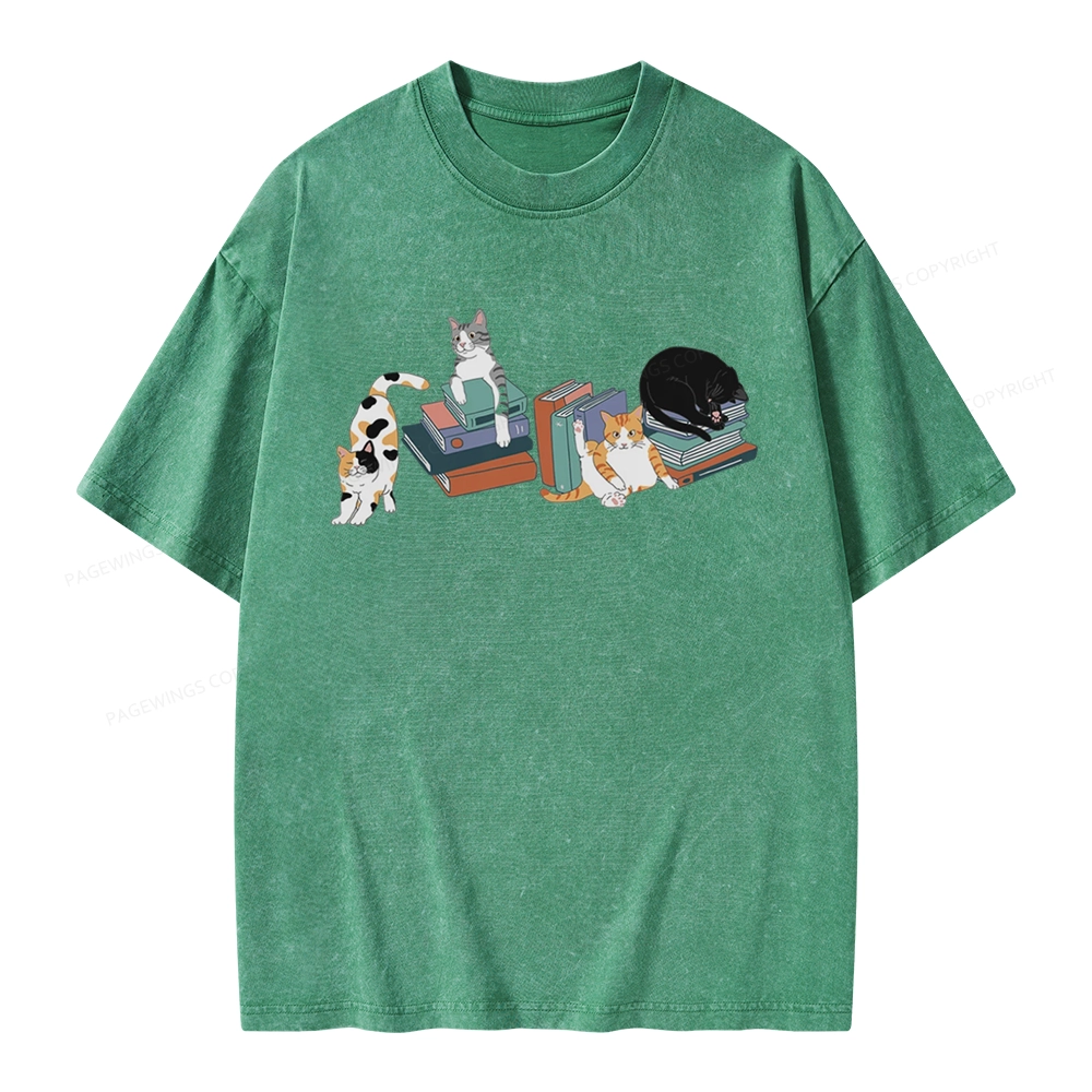 Pagewings Cats and Books Unisex Washed T-shirt