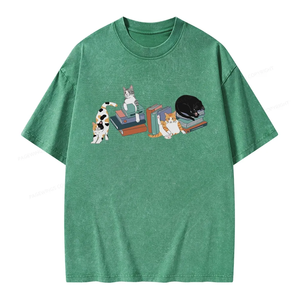 Pagewings Cats and Books Unisex Washed T-shirt