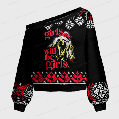 Pagewings Girls Will Be Girls Off Shoulder Ugly Knit Sweater