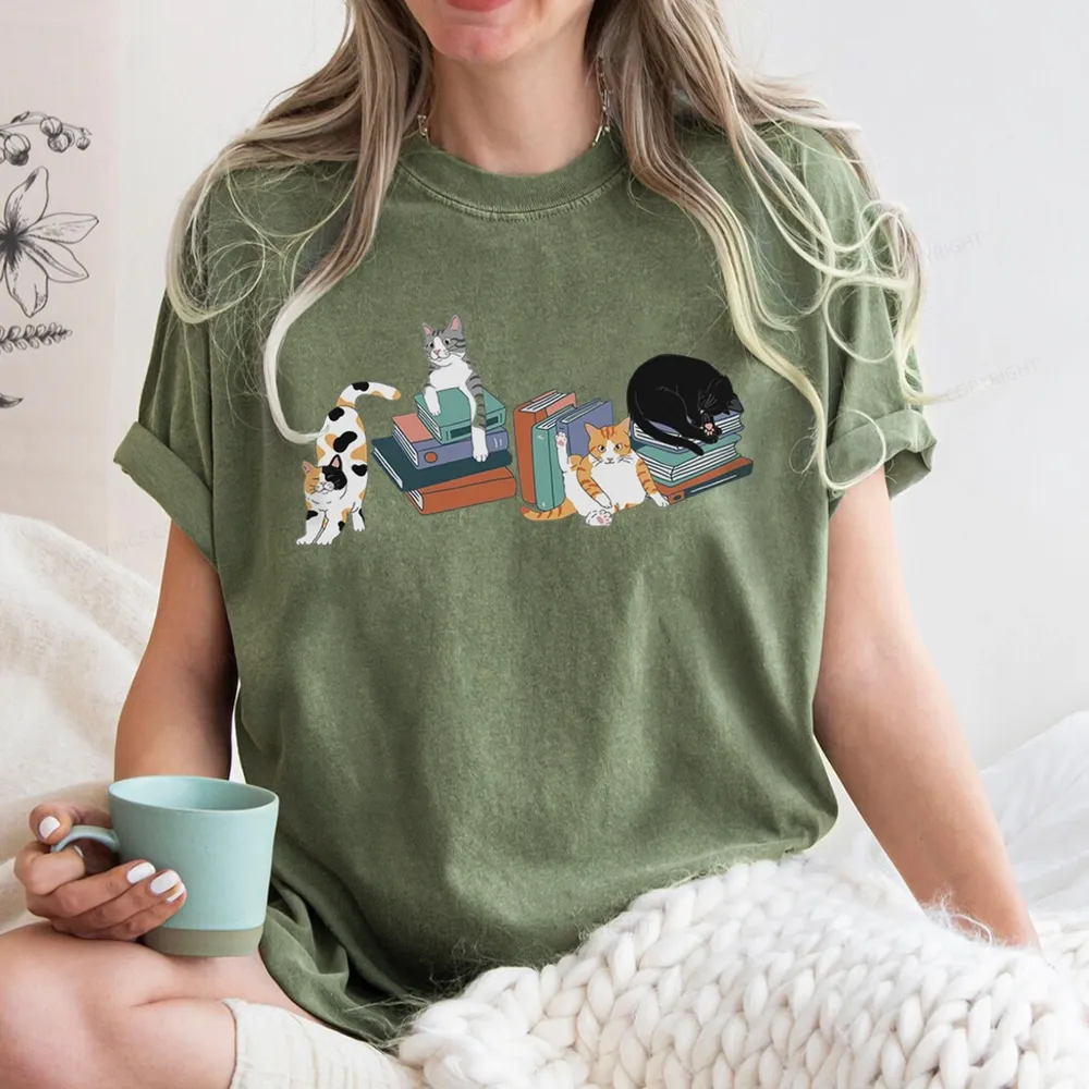 Pagewings Cats and Books Unisex Washed T-shirt