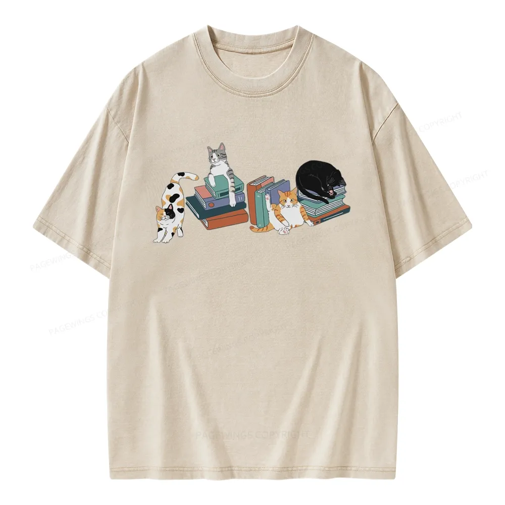 Pagewings Cats and Books Unisex Washed T-shirt