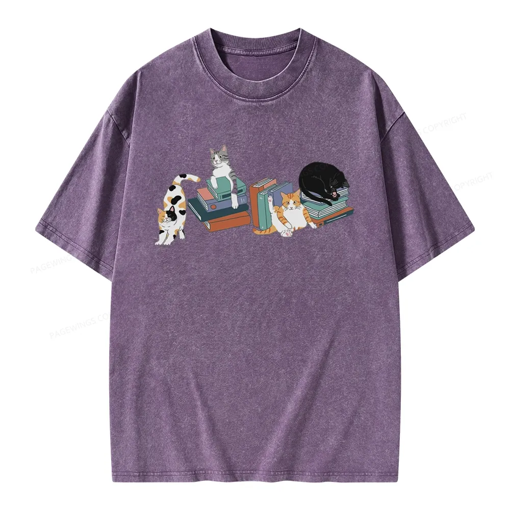 Pagewings Cats and Books Unisex Washed T-shirt