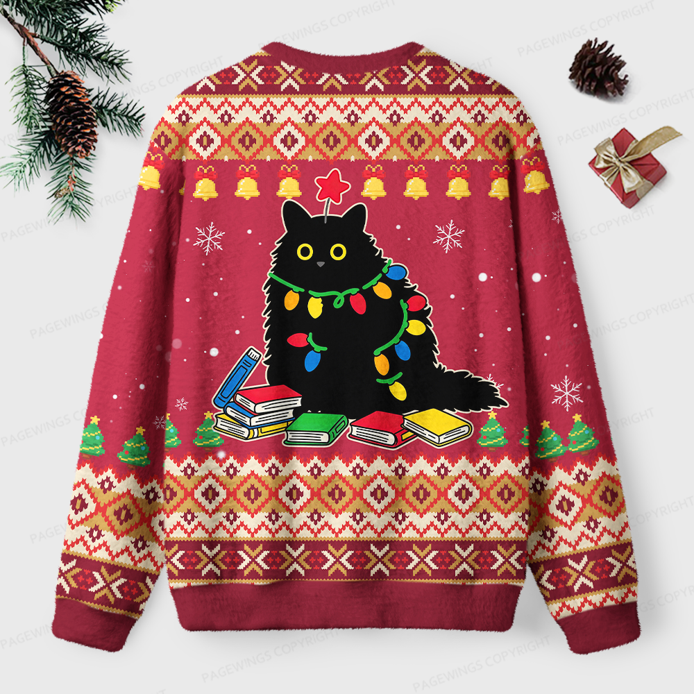 Pagewings Christmas Reading Cat Unisex Ugly Light Knit Sweatshirt