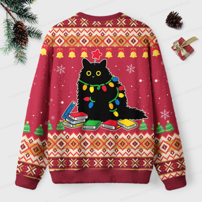 Pagewings Christmas Reading Cat Unisex Ugly Light Knit Sweatshirt
