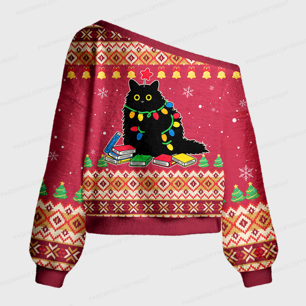Pagewings Christmas Reading Cat Off Shoulder Ugly Knit Sweater