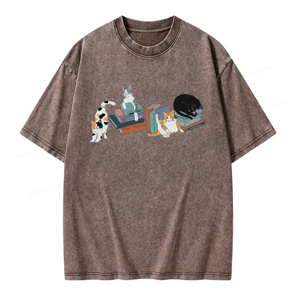 Pagewings Cats and Books Unisex Washed T-shirt