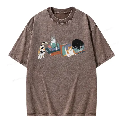 Pagewings Cats and Books Unisex Washed T-shirt