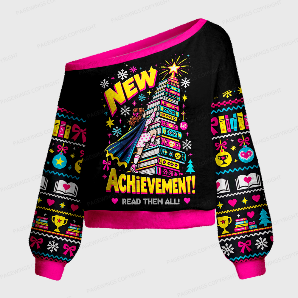 Pagewings New Achievement Read Them All Off Shoulder Ugly Knit Sweater