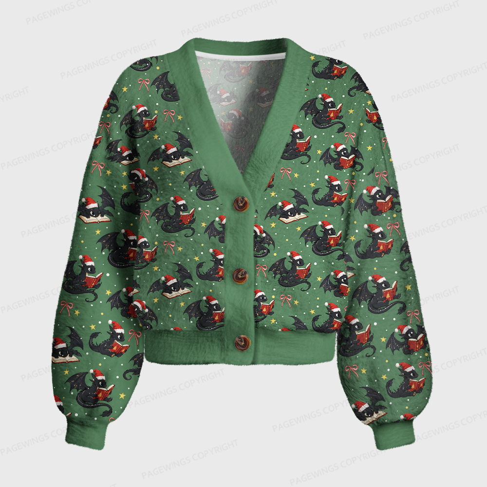 Pagewings Christmas Book Dragon Women's Cardigan Sweater
