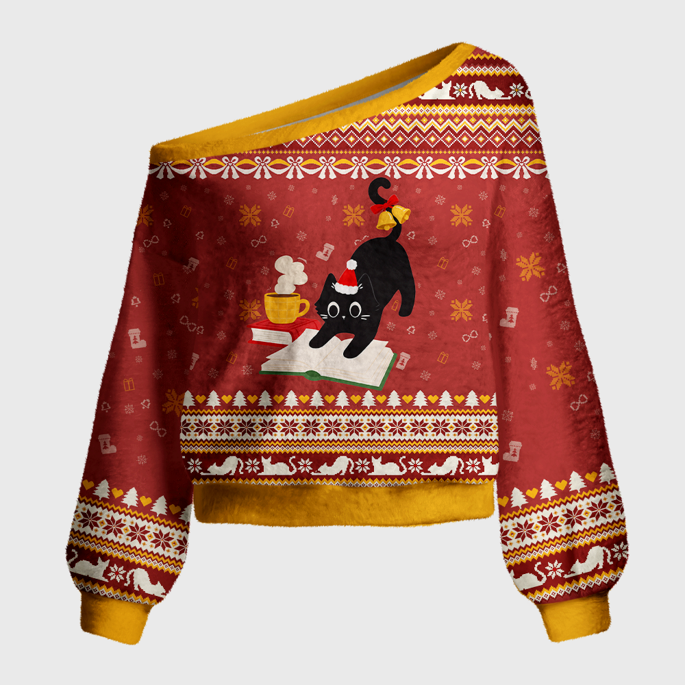 Pagewings Christmas Reading Cat Off Shoulder Ugly Knit Sweater