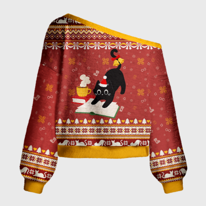 Pagewings Christmas Reading Cat Off Shoulder Ugly Knit Sweater