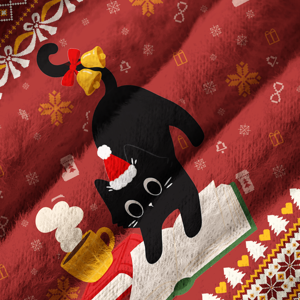 Pagewings Christmas Reading Cat Off Shoulder Ugly Knit Sweater
