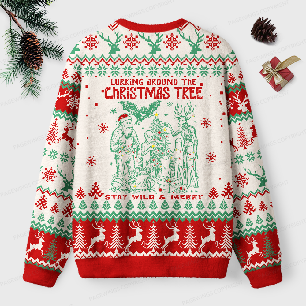 Pagewings Lurking Around The Christmas Tree Unisex Ugly Light Knit Sweatshirt