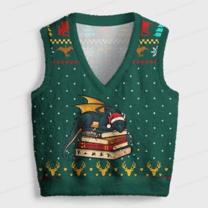 Pagewings Book Dragon V-Neck Ugly Knit Vest