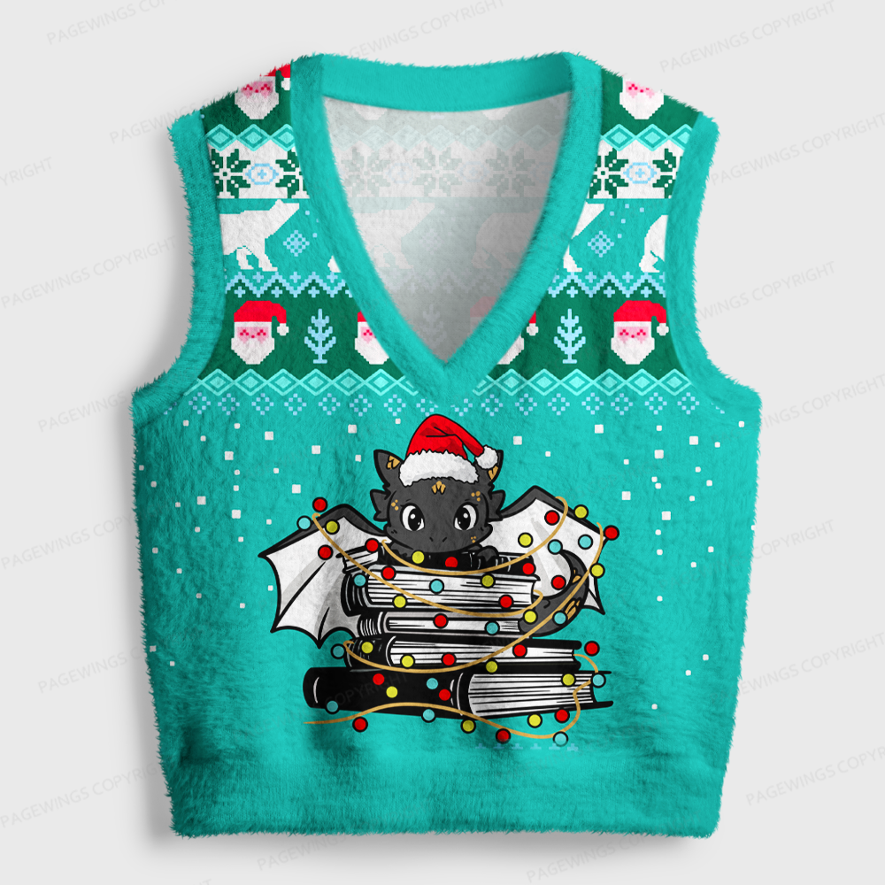Pagewings Christmas Book Dragon V-Neck Ugly Knit Vest