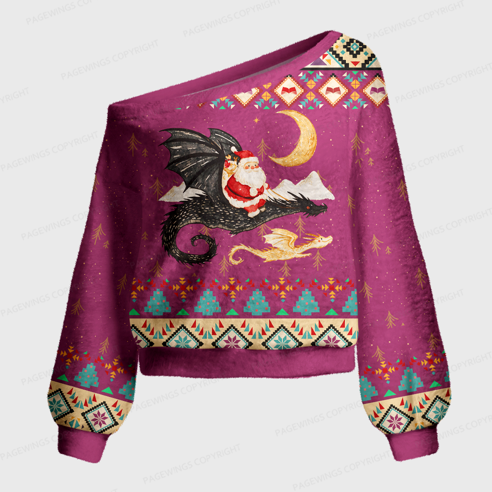 Pagewings Christmas Dragon Off Shoulder Ugly Knit Sweater
