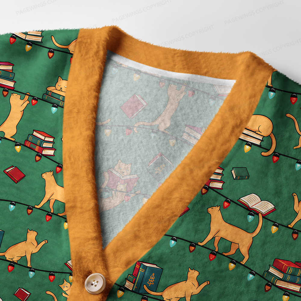 Pagewings Christmas Cat Book Lover Light Knit Unisex Cardigan Sweaters