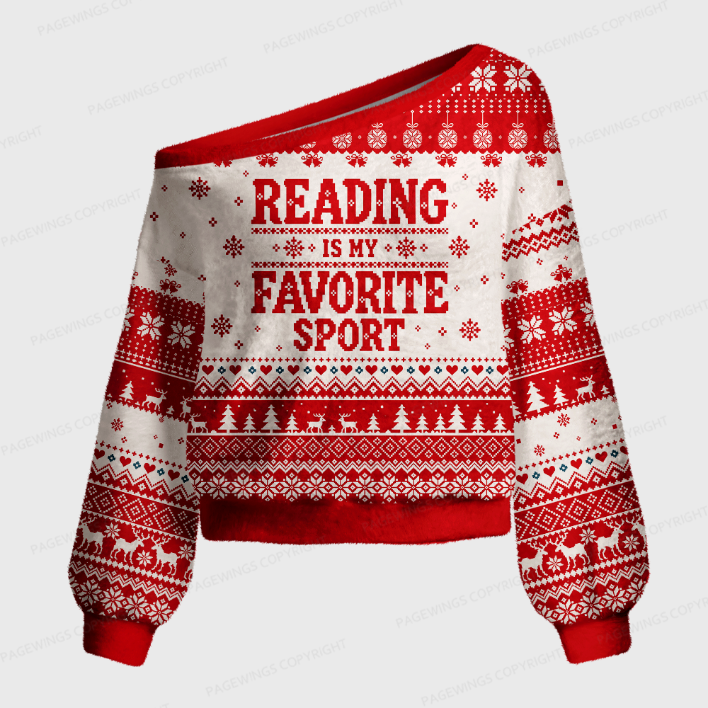 Pagewings Reading Is My Favorite Sport Off Shoulder Ugly Knit Sweater