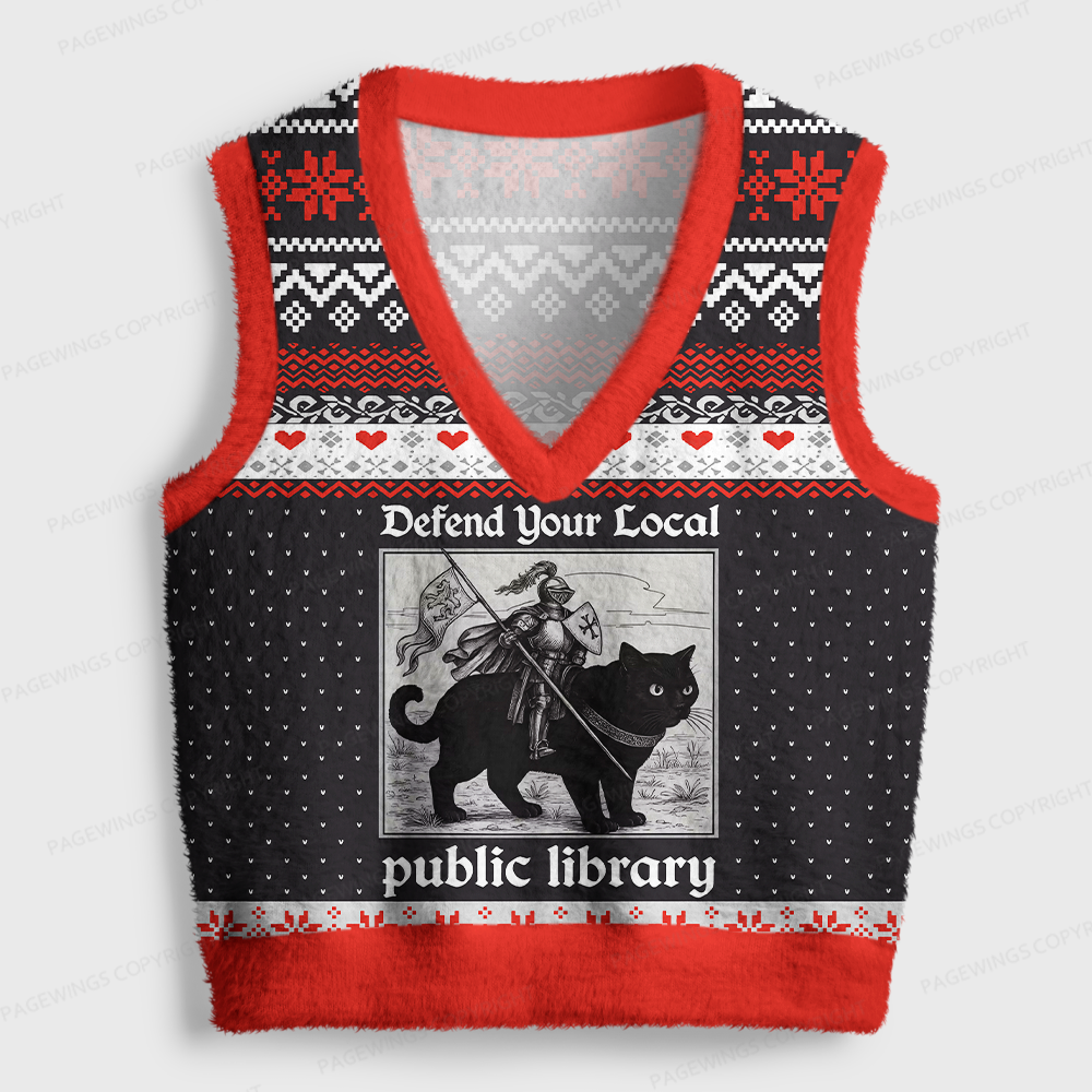 Pagewings Defend the Public Library Women's V-Neck Ugly Knit Vest