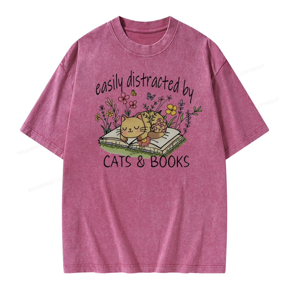 Pagewings Easily Distracted By Cats And Books Unisex Washed T-shirt