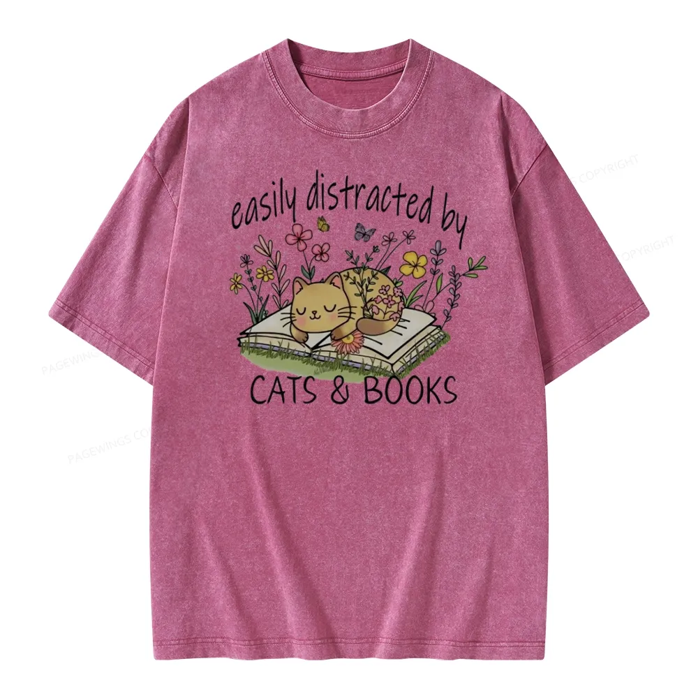 Pagewings Easily Distracted By Cats And Books Unisex Washed T-shirt