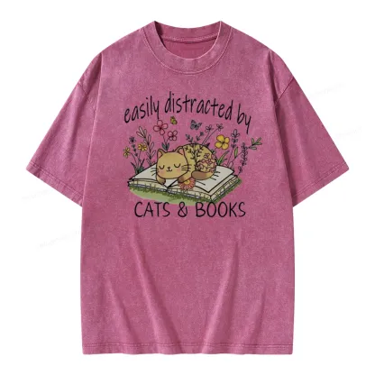 Pagewings Easily Distracted By Cats And Books Unisex Washed T-shirt