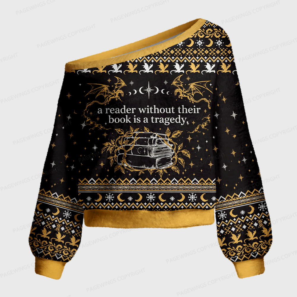 Pagewings Book Dragon Crow Off Shoulder Ugly Knit Sweater