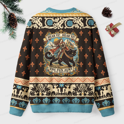 Pagewings Hear Ye Hear Ye The Fun Aunt Has Arrived Unisex Ugly Light Knit Sweatshirt