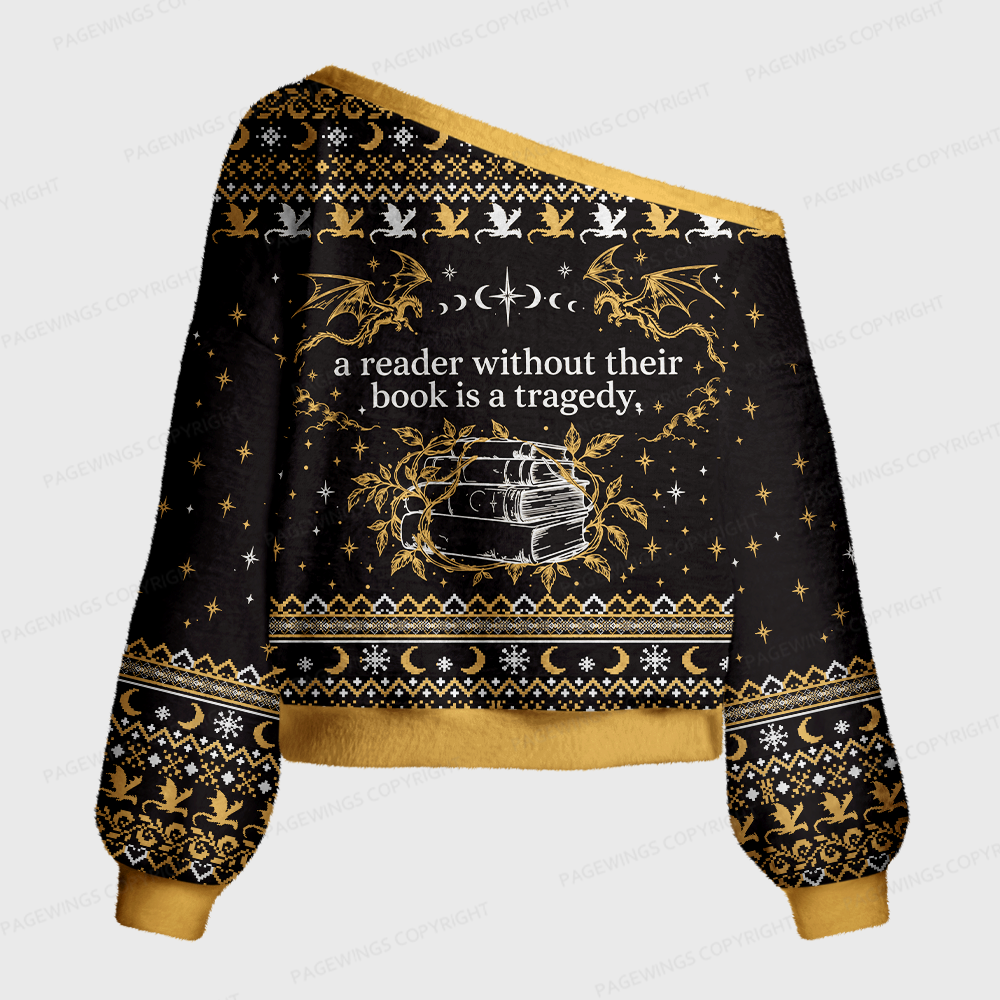 Pagewings Book Dragon Crow Off Shoulder Ugly Knit Sweater