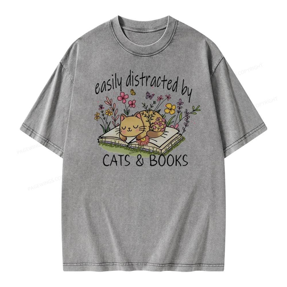 Pagewings Easily Distracted By Cats And Books Unisex Washed T-shirt