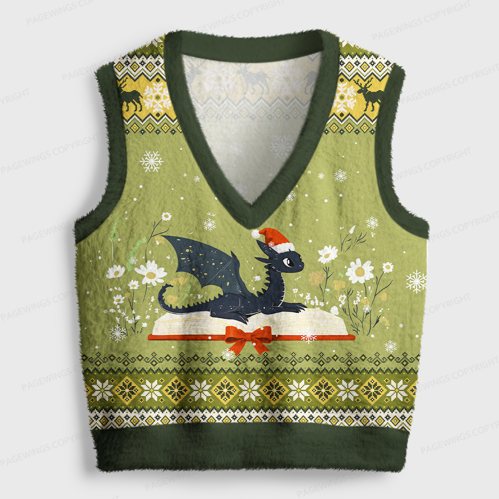 Pagewings Book Dragon Women's V-Neck Ugly Knit Vest