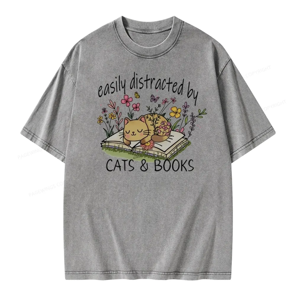 Pagewings Easily Distracted By Cats And Books Unisex Washed T-shirt