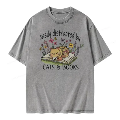 Pagewings Easily Distracted By Cats And Books Unisex Washed T-shirt