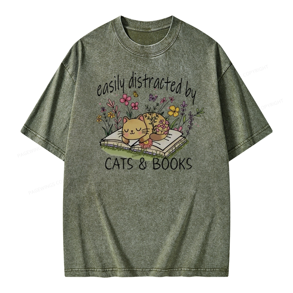 Pagewings Easily Distracted By Cats And Books Unisex Washed T-shirt