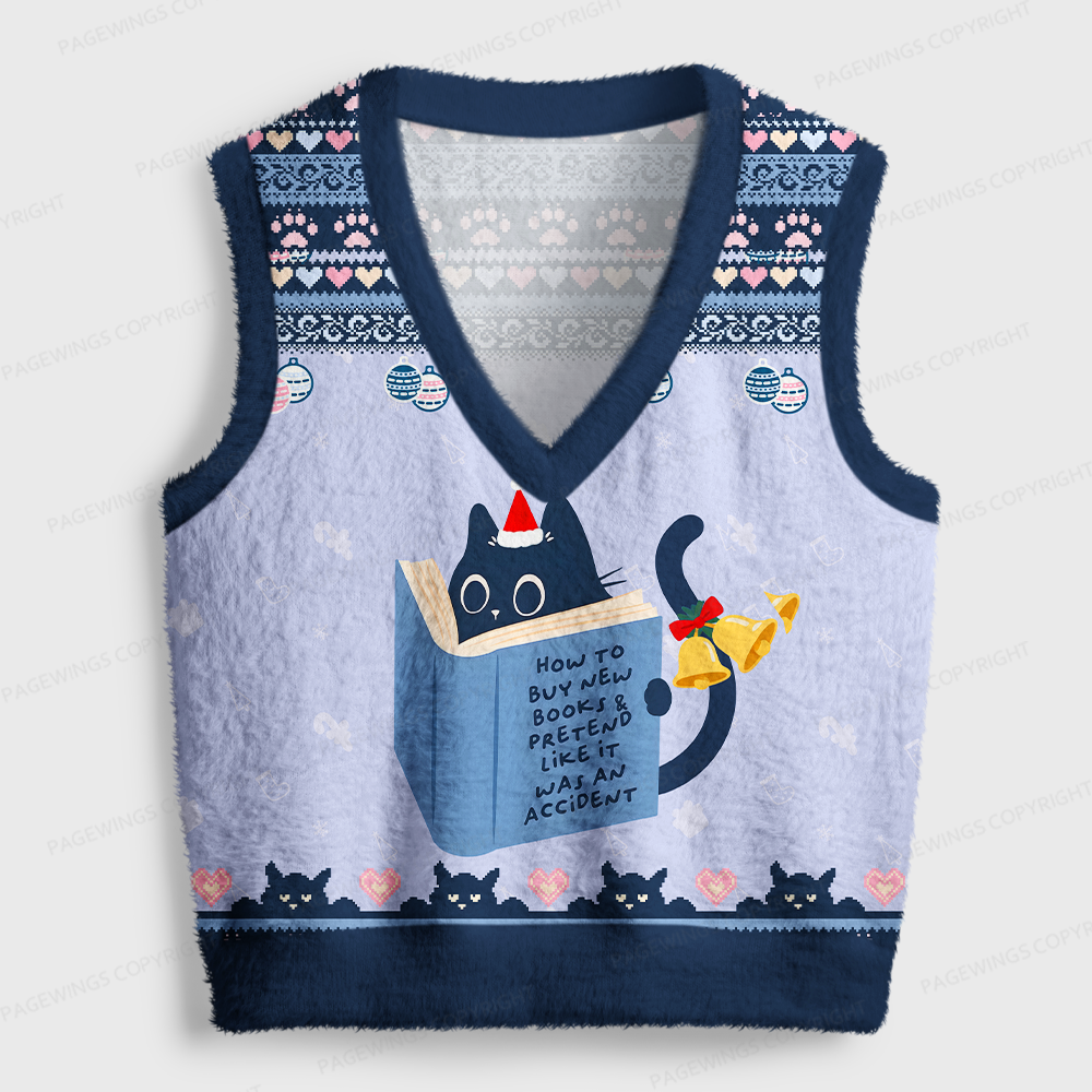 Pagewings Reading Cat Women's V-Neck Ugly Knit Vest