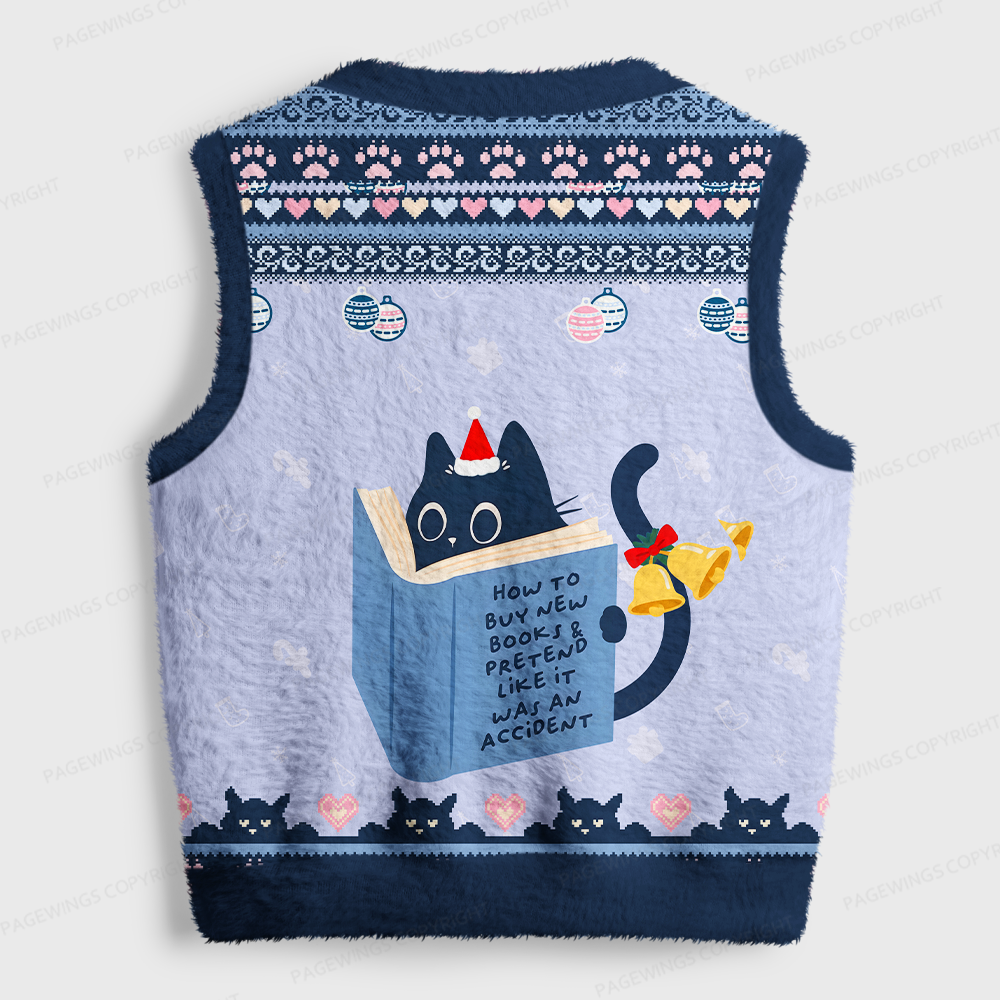 Pagewings Reading Cat Women's V-Neck Ugly Knit Vest