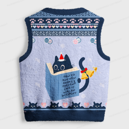 Pagewings Reading Cat Women's V-Neck Ugly Knit Vest