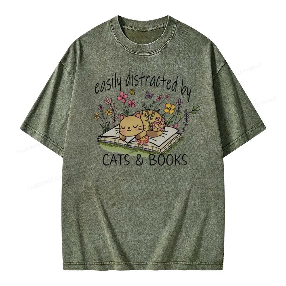 Pagewings Easily Distracted By Cats And Books Unisex Washed T-shirt
