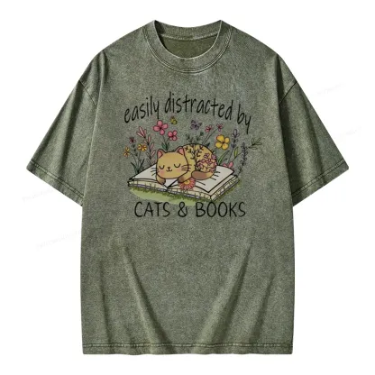 Pagewings Easily Distracted By Cats And Books Unisex Washed T-shirt