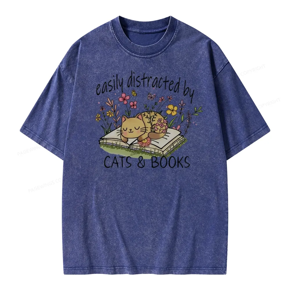 Pagewings Easily Distracted By Cats And Books Unisex Washed T-shirt